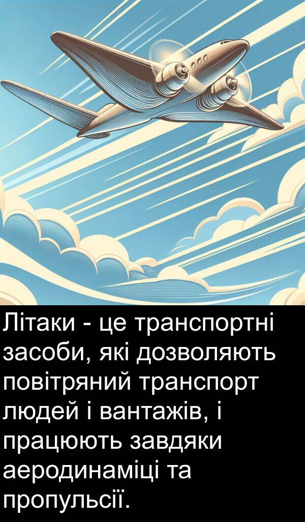 аеродинаміці: Літаки - це транспортні засоби, які дозволяють повітряний транспорт людей і вантажів, і працюють завдяки аеродинаміці та пропульсії.
