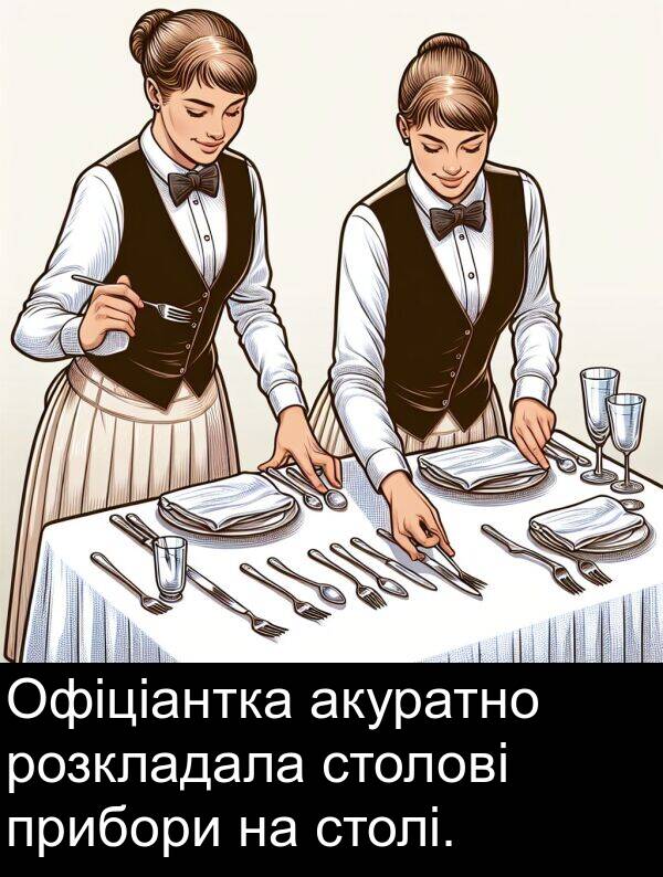 акуратно: Офіціантка акуратно розкладала столові прибори на столі.