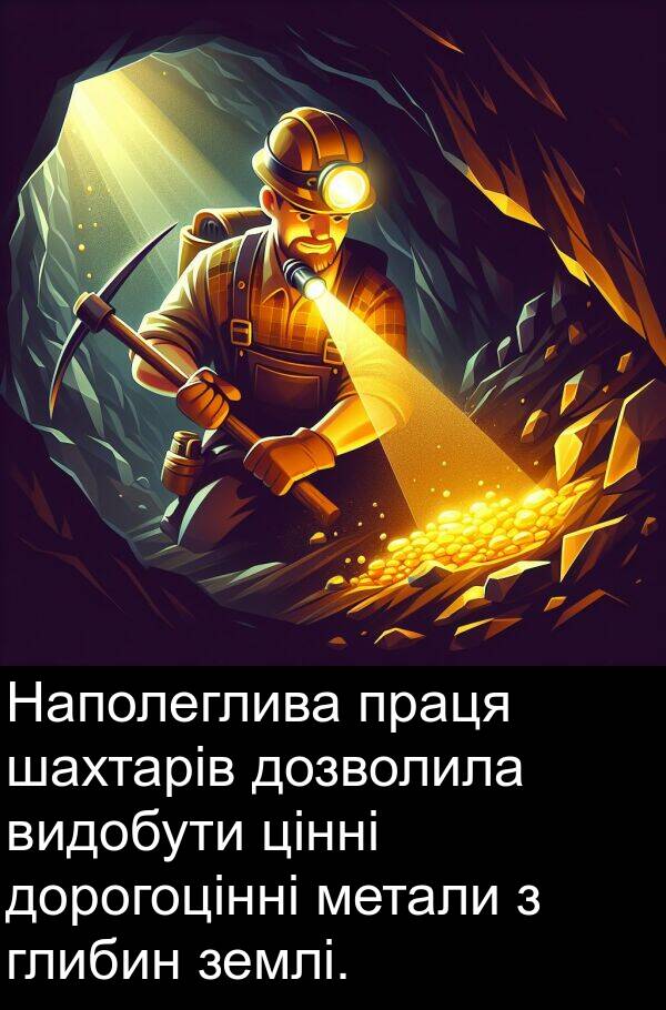 шахтарів: Наполеглива праця шахтарів дозволила видобути цінні дорогоцінні метали з глибин землі.