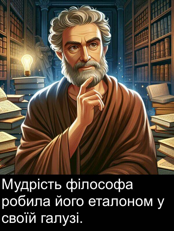 еталоном: Мудрість філософа робила його еталоном у своїй галузі.