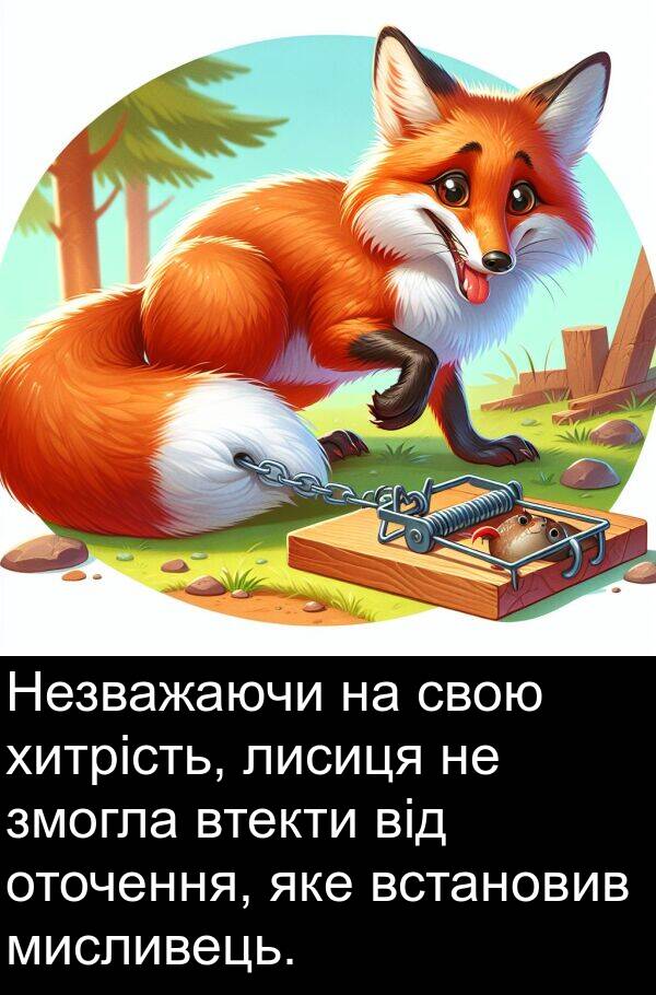 хитрість: Незважаючи на свою хитрість, лисиця не змогла втекти від оточення, яке встановив мисливець.