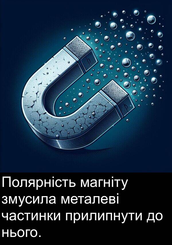 магніту: Полярність магніту змусила металеві частинки прилипнути до нього.