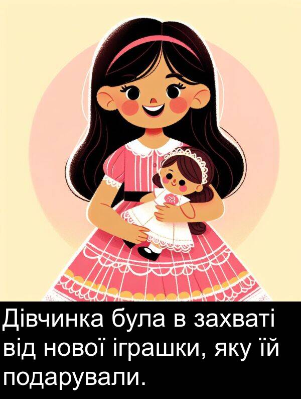 яку: Дівчинка була в захваті від нової іграшки, яку їй подарували.