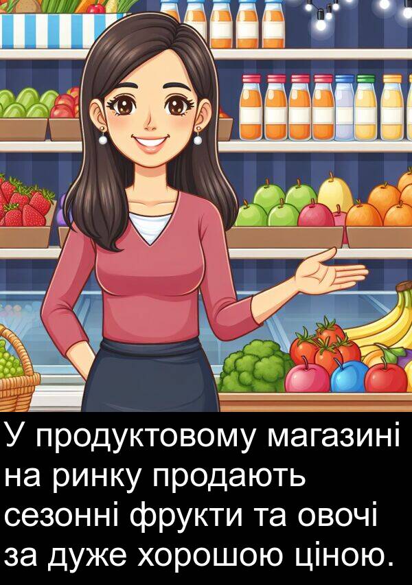 магазині: У продуктовому магазині на ринку продають сезонні фрукти та овочі за дуже хорошою ціною.