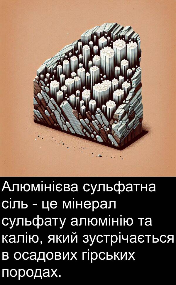 алюмінію: Алюмінієва сульфатна сіль - це мінерал сульфату алюмінію та калію, який зустрічається в осадових гірських породах.
