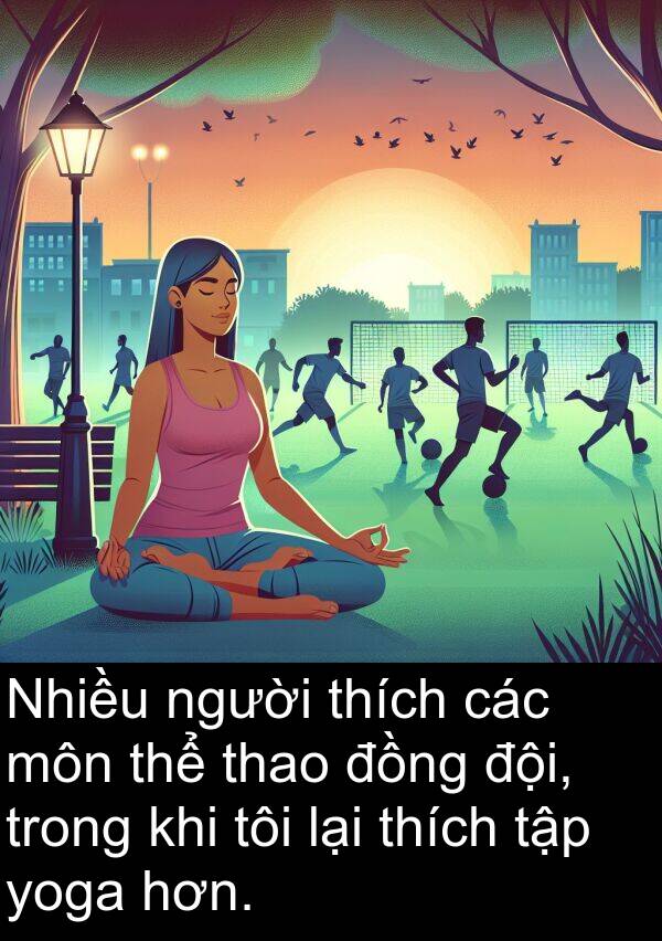 thao: Nhiều người thích các môn thể thao đồng đội, trong khi tôi lại thích tập yoga hơn.