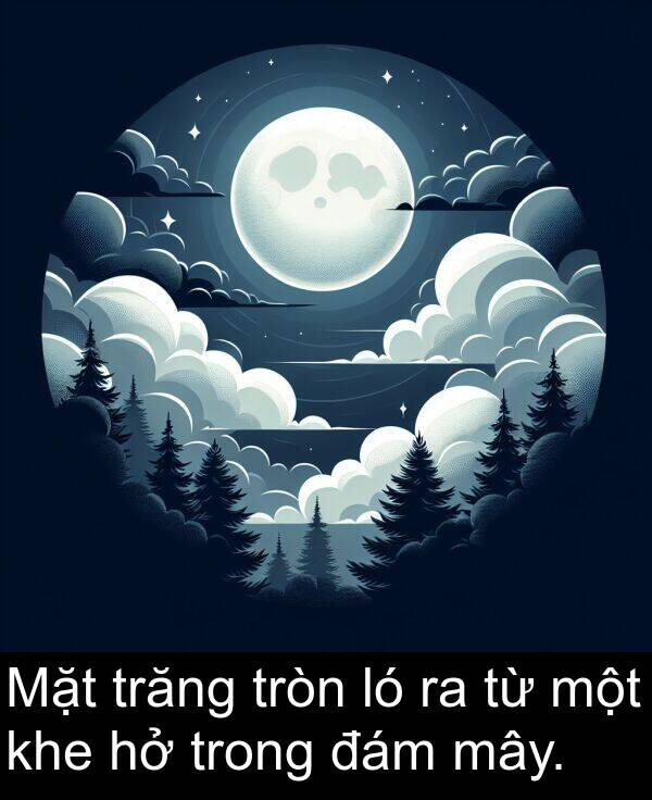 trăng: Mặt trăng tròn ló ra từ một khe hở trong đám mây.