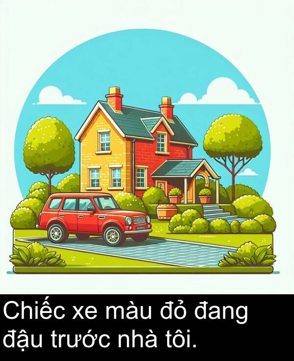 trước: Chiếc xe màu đỏ đang đậu trước nhà tôi.