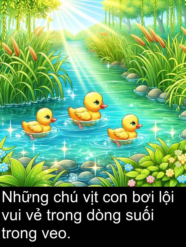 suối: Những chú vịt con bơi lội vui vẻ trong dòng suối trong veo.