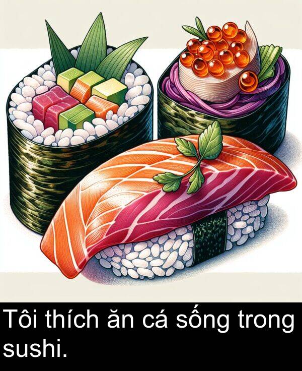 sushi: Tôi thích ăn cá sống trong sushi.