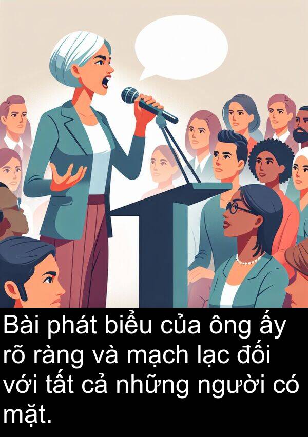 lạc: Bài phát biểu của ông ấy rõ ràng và mạch lạc đối với tất cả những người có mặt.