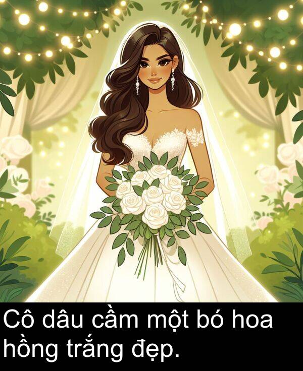 một: Cô dâu cầm một bó hoa hồng trắng đẹp.