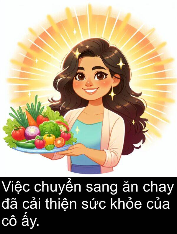 chay: Việc chuyển sang ăn chay đã cải thiện sức khỏe của cô ấy.