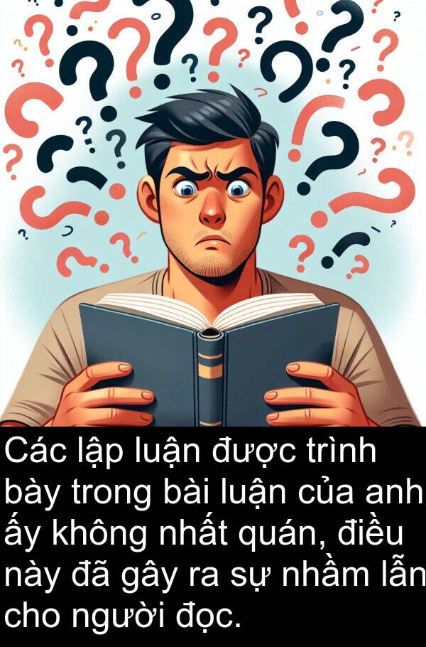 lập: Các lập luận được trình bày trong bài luận của anh ấy không nhất quán, điều này đã gây ra sự nhầm lẫn cho người đọc.