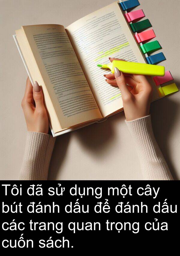 cuốn: Tôi đã sử dụng một cây bút đánh dấu để đánh dấu các trang quan trọng của cuốn sách.