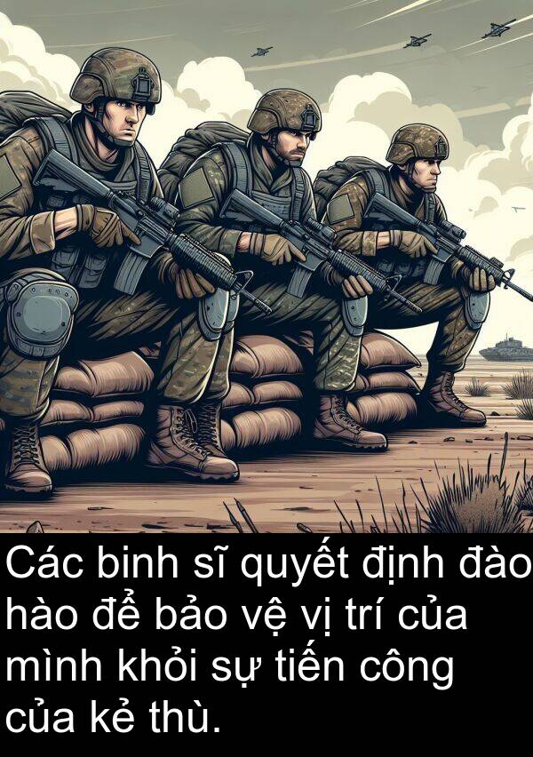 tiến: Các binh sĩ quyết định đào hào để bảo vệ vị trí của mình khỏi sự tiến công của kẻ thù.