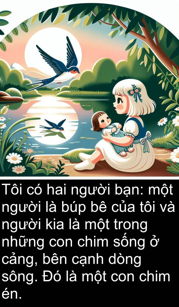 én: Tôi có hai người bạn: một người là búp bê của tôi và người kia là một trong những con chim sống ở cảng, bên cạnh dòng sông. Đó là một con chim én.