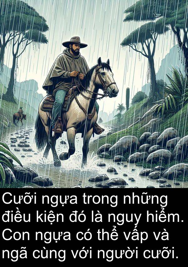 cưỡi: Cưỡi ngựa trong những điều kiện đó là nguy hiểm. Con ngựa có thể vấp và ngã cùng với người cưỡi.