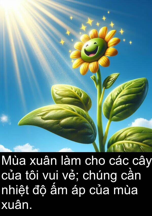 xuân: Mùa xuân làm cho các cây của tôi vui vẻ; chúng cần nhiệt độ ấm áp của mùa xuân.