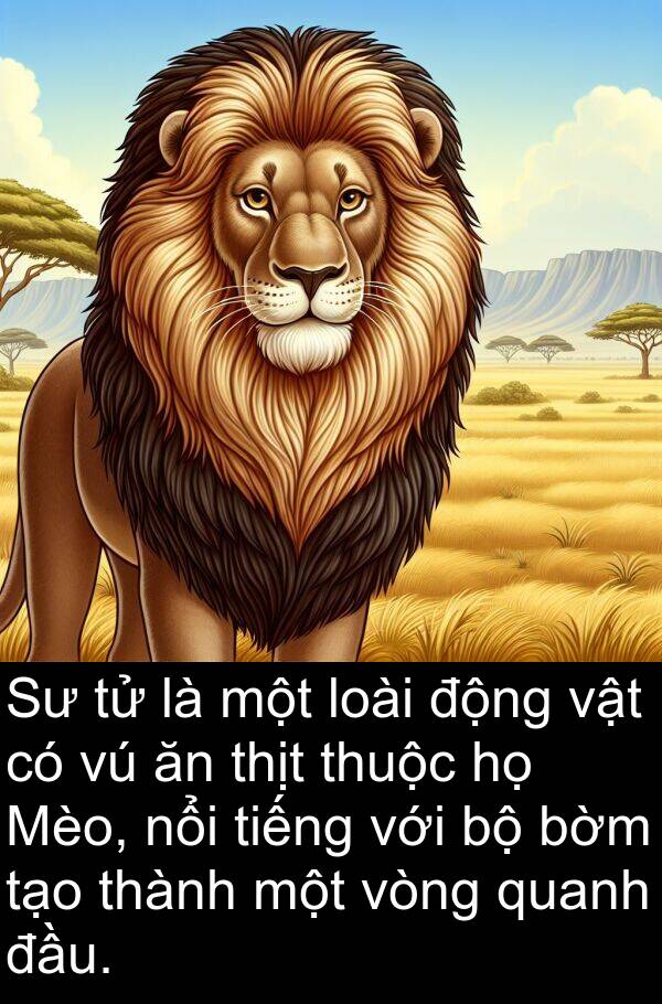 thuộc: Sư tử là một loài động vật có vú ăn thịt thuộc họ Mèo, nổi tiếng với bộ bờm tạo thành một vòng quanh đầu.