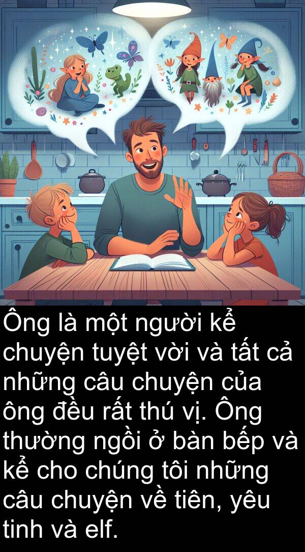 ngồi: Ông là một người kể chuyện tuyệt vời và tất cả những câu chuyện của ông đều rất thú vị. Ông thường ngồi ở bàn bếp và kể cho chúng tôi những câu chuyện về tiên, yêu tinh và elf.