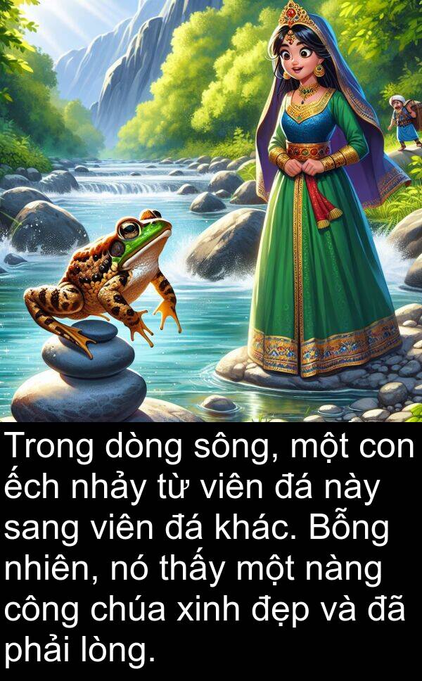 chúa: Trong dòng sông, một con ếch nhảy từ viên đá này sang viên đá khác. Bỗng nhiên, nó thấy một nàng công chúa xinh đẹp và đã phải lòng.