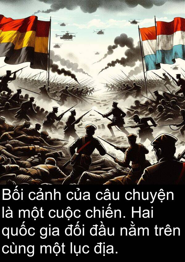 nằm: Bối cảnh của câu chuyện là một cuộc chiến. Hai quốc gia đối đầu nằm trên cùng một lục địa.