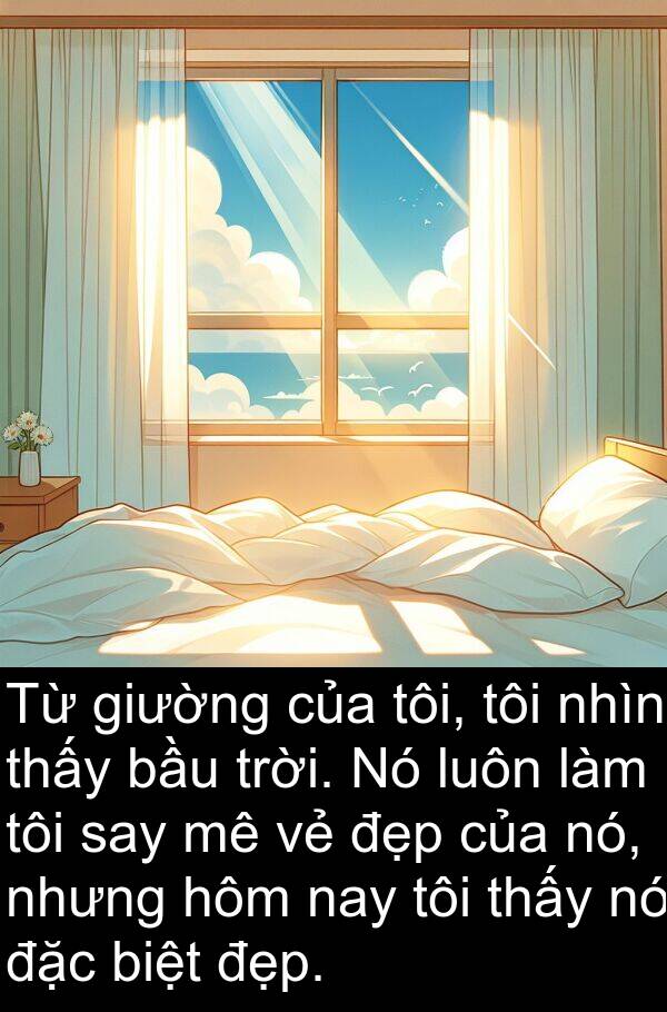 say: Từ giường của tôi, tôi nhìn thấy bầu trời. Nó luôn làm tôi say mê vẻ đẹp của nó, nhưng hôm nay tôi thấy nó đặc biệt đẹp.