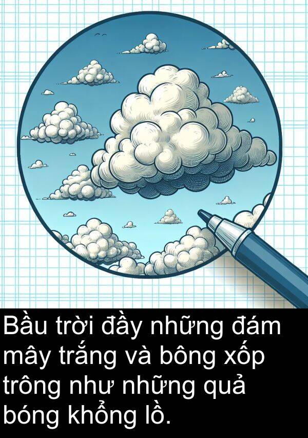 mây: Bầu trời đầy những đám mây trắng và bông xốp trông như những quả bóng khổng lồ.