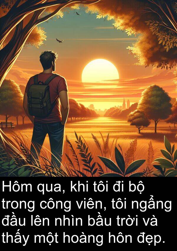 ngẩng: Hôm qua, khi tôi đi bộ trong công viên, tôi ngẩng đầu lên nhìn bầu trời và thấy một hoàng hôn đẹp.