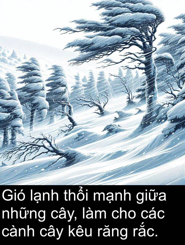 thổi: Gió lạnh thổi mạnh giữa những cây, làm cho các cành cây kêu răng rắc.