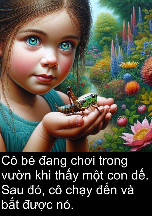 chạy: Cô bé đang chơi trong vườn khi thấy một con dế. Sau đó, cô chạy đến và bắt được nó.