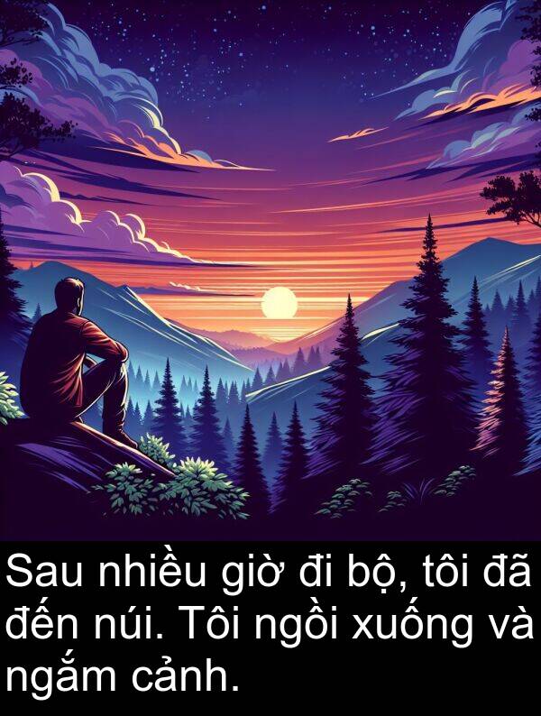 ngồi: Sau nhiều giờ đi bộ, tôi đã đến núi. Tôi ngồi xuống và ngắm cảnh.