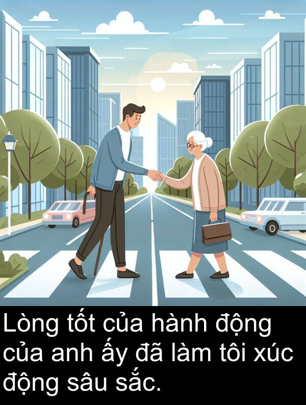 xúc: Lòng tốt của hành động của anh ấy đã làm tôi xúc động sâu sắc.