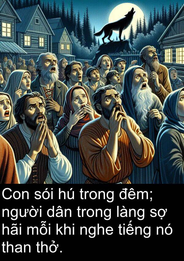 nghe: Con sói hú trong đêm; người dân trong làng sợ hãi mỗi khi nghe tiếng nó than thở.