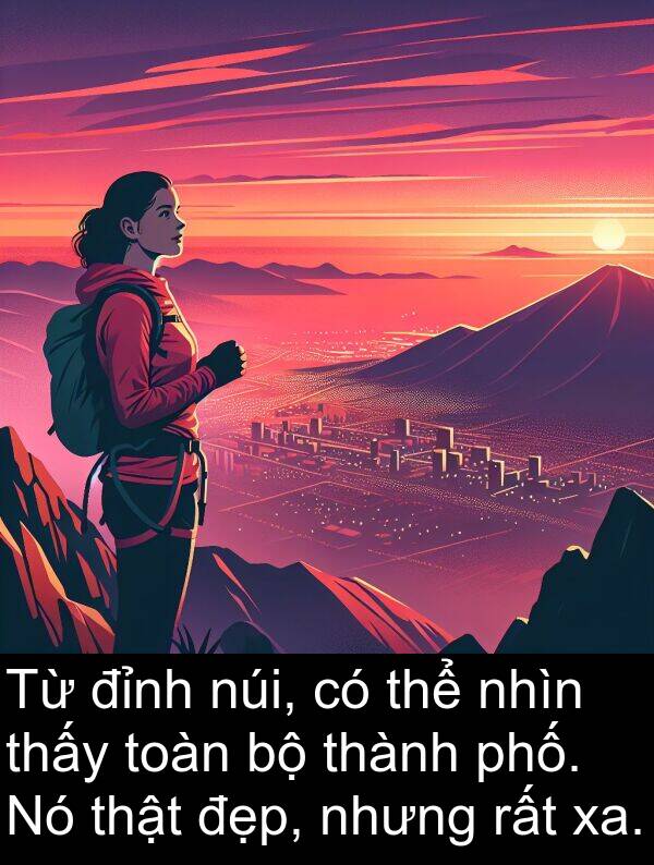 xa: Từ đỉnh núi, có thể nhìn thấy toàn bộ thành phố. Nó thật đẹp, nhưng rất xa.