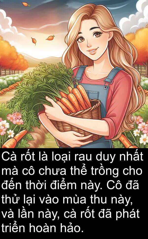 trồng: Cà rốt là loại rau duy nhất mà cô chưa thể trồng cho đến thời điểm này. Cô đã thử lại vào mùa thu này, và lần này, cà rốt đã phát triển hoàn hảo.