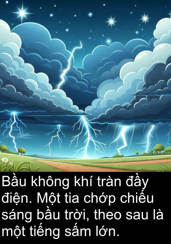 chớp: Bầu không khí tràn đầy điện. Một tia chớp chiếu sáng bầu trời, theo sau là một tiếng sấm lớn.