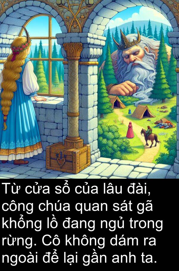 chúa: Từ cửa sổ của lâu đài, công chúa quan sát gã khổng lồ đang ngủ trong rừng. Cô không dám ra ngoài để lại gần anh ta.