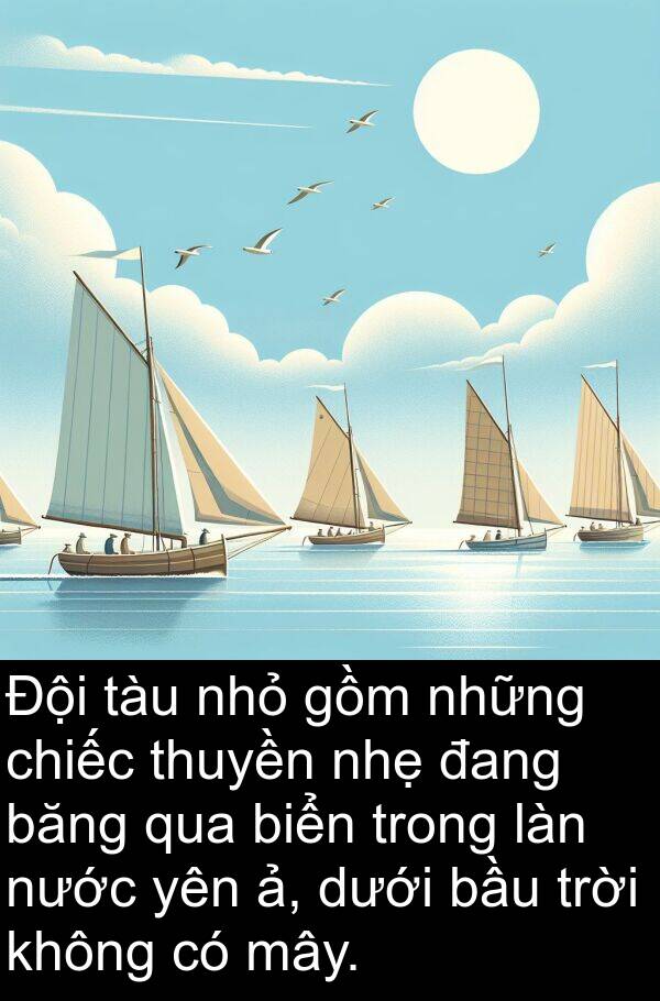 thuyền: Đội tàu nhỏ gồm những chiếc thuyền nhẹ đang băng qua biển trong làn nước yên ả, dưới bầu trời không có mây.