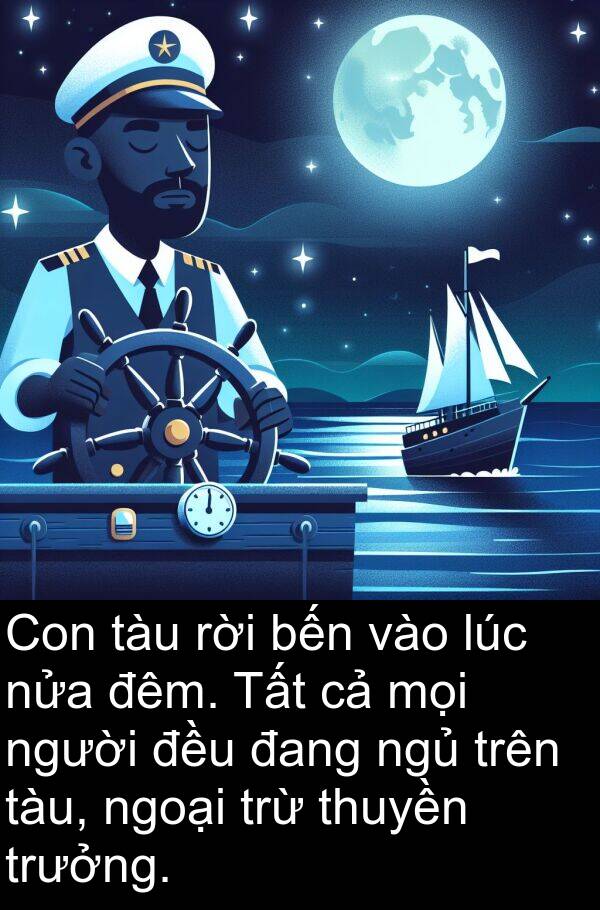 thuyền: Con tàu rời bến vào lúc nửa đêm. Tất cả mọi người đều đang ngủ trên tàu, ngoại trừ thuyền trưởng.