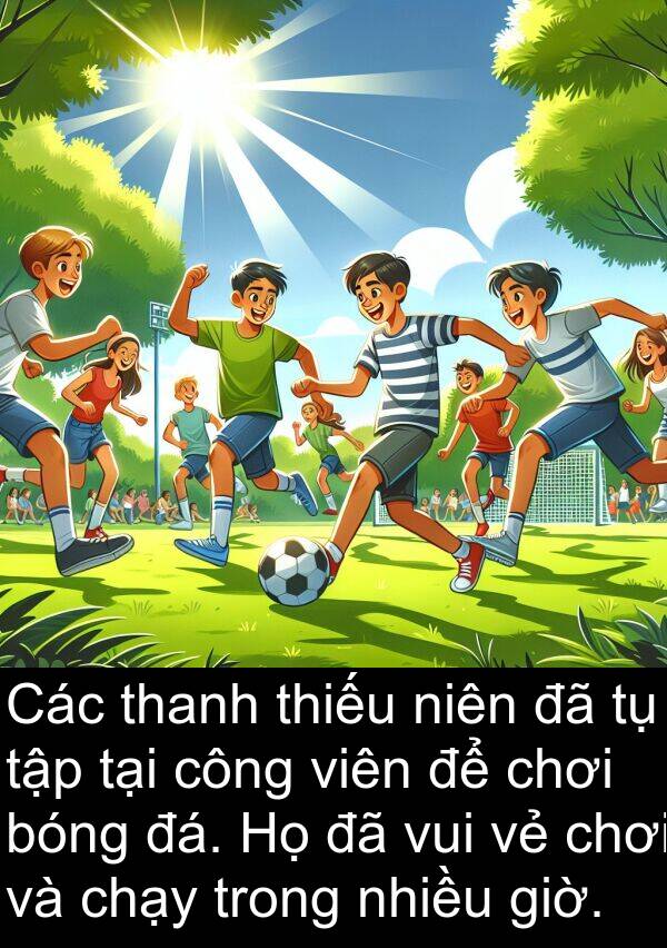 niên: Các thanh thiếu niên đã tụ tập tại công viên để chơi bóng đá. Họ đã vui vẻ chơi và chạy trong nhiều giờ.