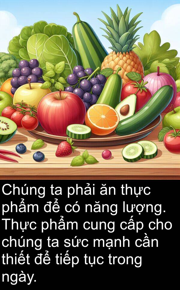 cung: Chúng ta phải ăn thực phẩm để có năng lượng. Thực phẩm cung cấp cho chúng ta sức mạnh cần thiết để tiếp tục trong ngày.