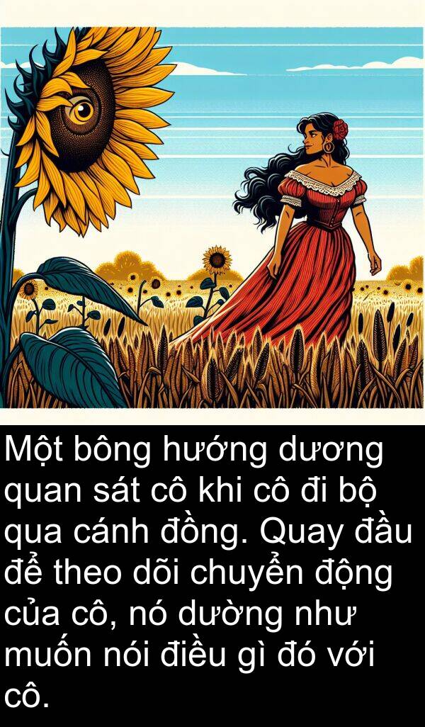 cô: Một bông hướng dương quan sát cô khi cô đi bộ qua cánh đồng. Quay đầu để theo dõi chuyển động của cô, nó dường như muốn nói điều gì đó với cô.