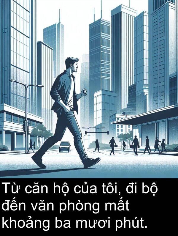 phút: Từ căn hộ của tôi, đi bộ đến văn phòng mất khoảng ba mươi phút.