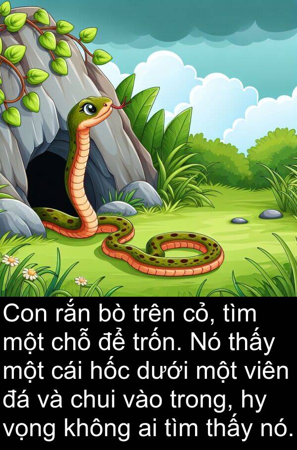 chỗ: Con rắn bò trên cỏ, tìm một chỗ để trốn. Nó thấy một cái hốc dưới một viên đá và chui vào trong, hy vọng không ai tìm thấy nó.