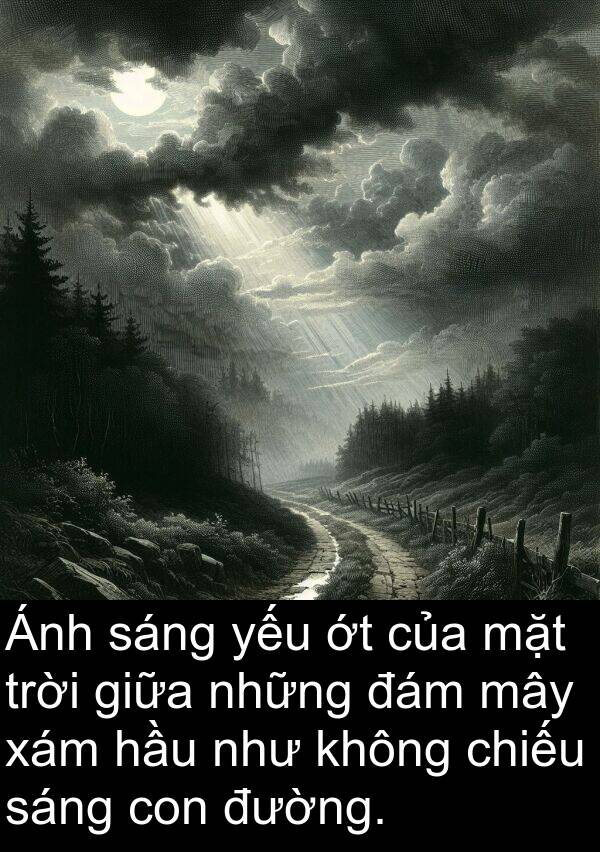 mây: Ánh sáng yếu ớt của mặt trời giữa những đám mây xám hầu như không chiếu sáng con đường.