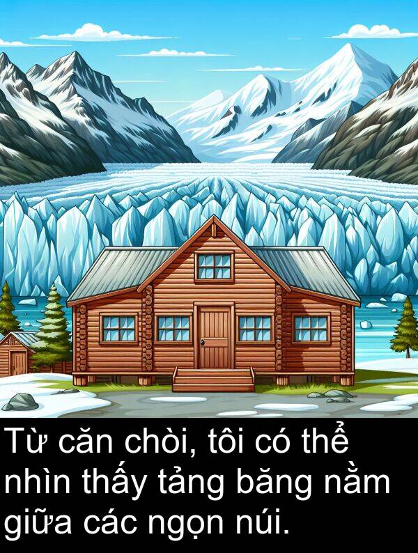 nhìn: Từ căn chòi, tôi có thể nhìn thấy tảng băng nằm giữa các ngọn núi.