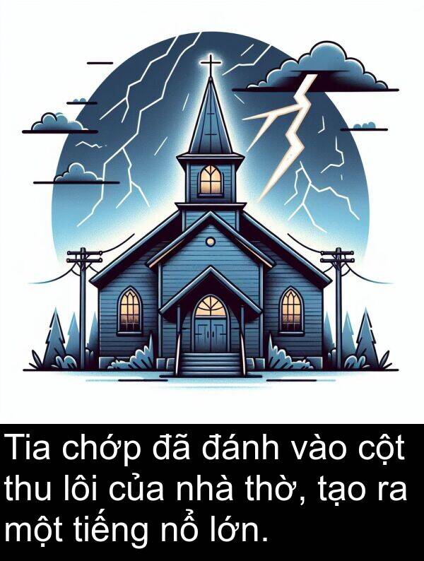 chớp: Tia chớp đã đánh vào cột thu lôi của nhà thờ, tạo ra một tiếng nổ lớn.