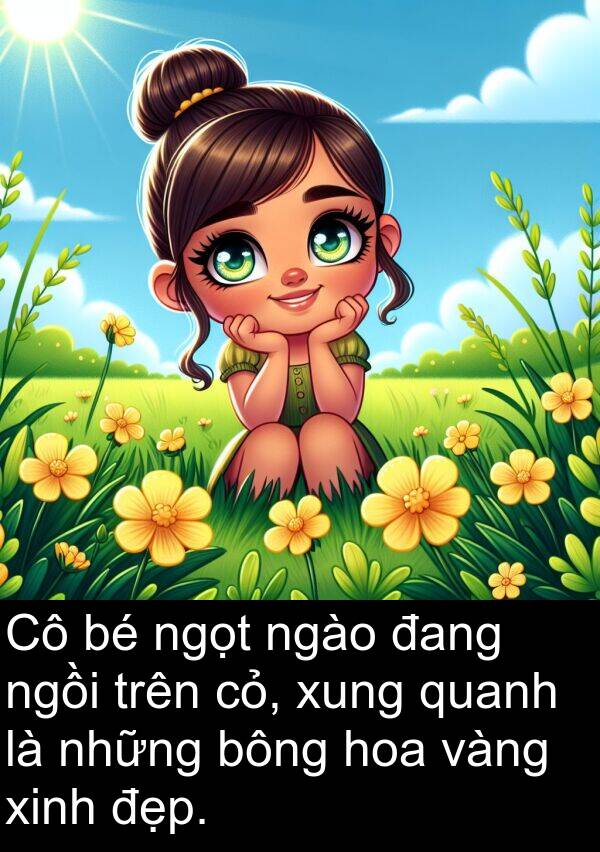 ngồi: Cô bé ngọt ngào đang ngồi trên cỏ, xung quanh là những bông hoa vàng xinh đẹp.